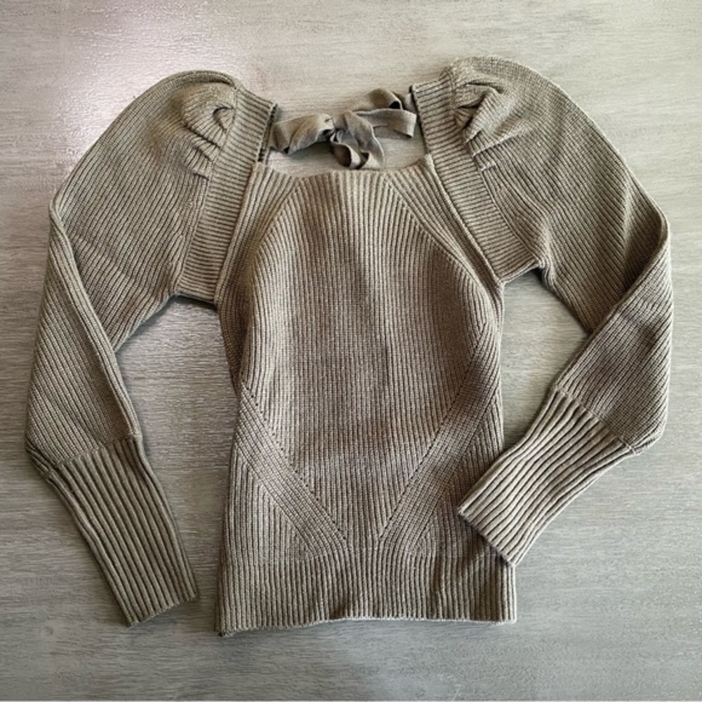 Olive Green Knit Puff Sleeve Shoulder Tie Sweater